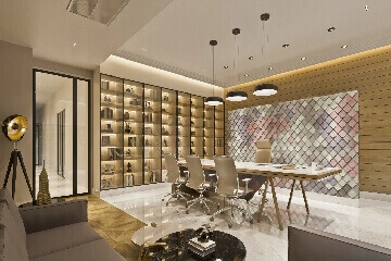 High-end commercial office meeting room with custom wood interior paneling