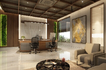 Open-plan commercial office interior layout with ergonomic workstations